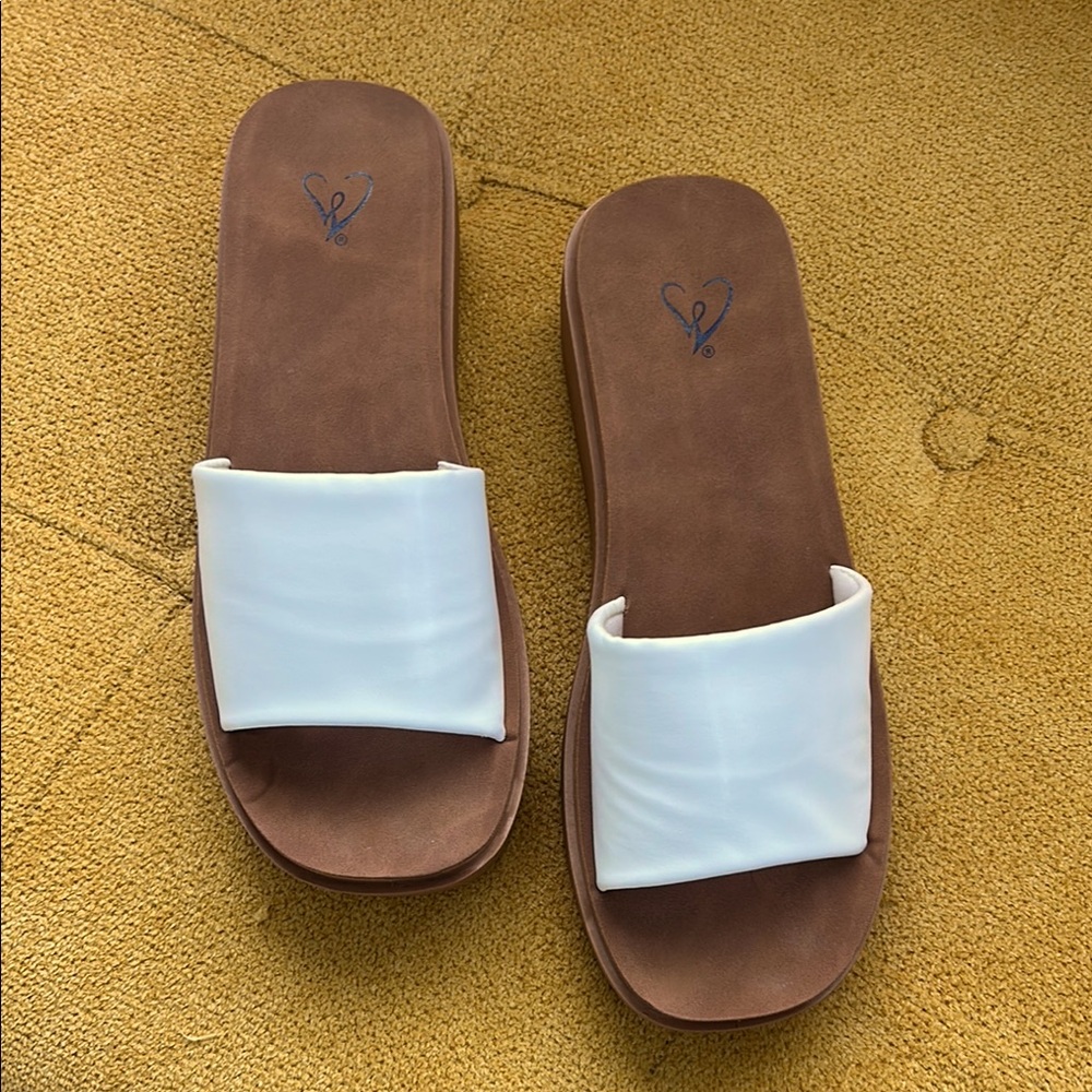 White and Brown Slide Sandals